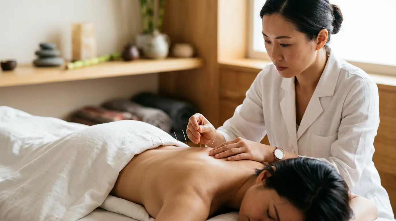 Balance harmonieuse entre aiguilles d'acupuncture et symboles euros dans un environnement apaisant