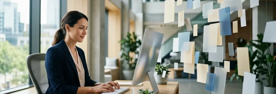 Personne naviguant dans un espace administratif moderne avec des dossiers et documents médicaux