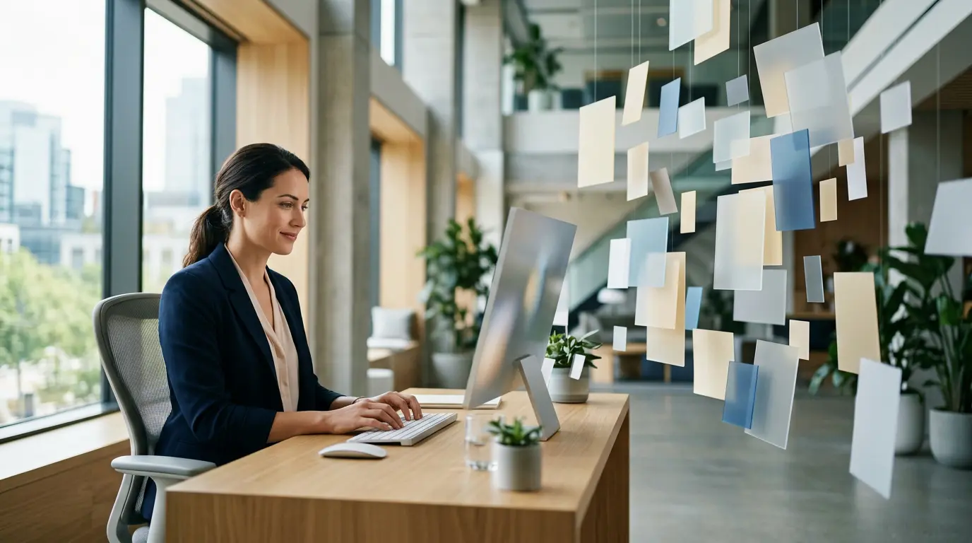 Personne naviguant dans un espace administratif moderne avec des dossiers et documents médicaux
