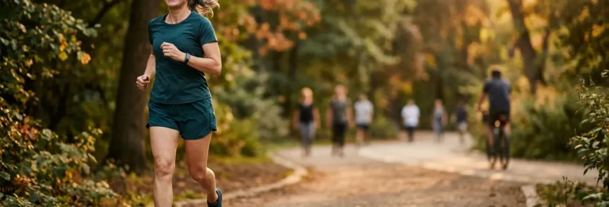 Personne active pratiquant une activité physique dans un environnement naturel, symbolisant l'hygiène de vie récompensée par les mutuelles