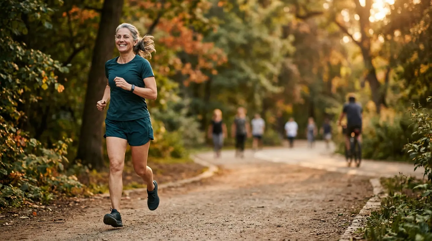 Personne active pratiquant une activité physique dans un environnement naturel, symbolisant l'hygiène de vie récompensée par les mutuelles