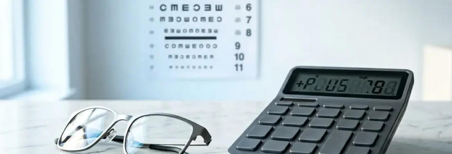 Calculatrice, paire de lunettes et œil symbolisant l'analyse financière de la chirurgie laser