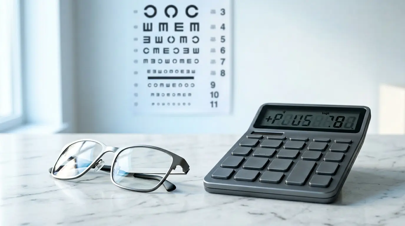 Calculatrice, paire de lunettes et œil symbolisant l'analyse financière de la chirurgie laser
