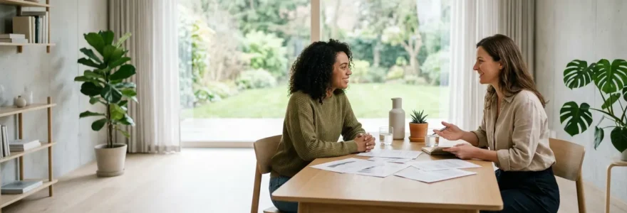 Consultation entre un coach de vie et son client dans un environnement apaisant avec documents d'assurance