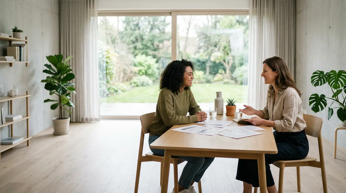 Consultation entre un coach de vie et son client dans un environnement apaisant avec documents d'assurance