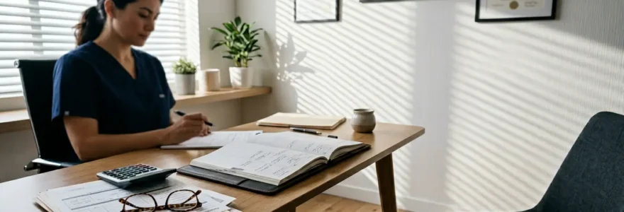 Vue atmosphérique d'un cabinet médical moderne avec bureau médecin et documents de remboursement