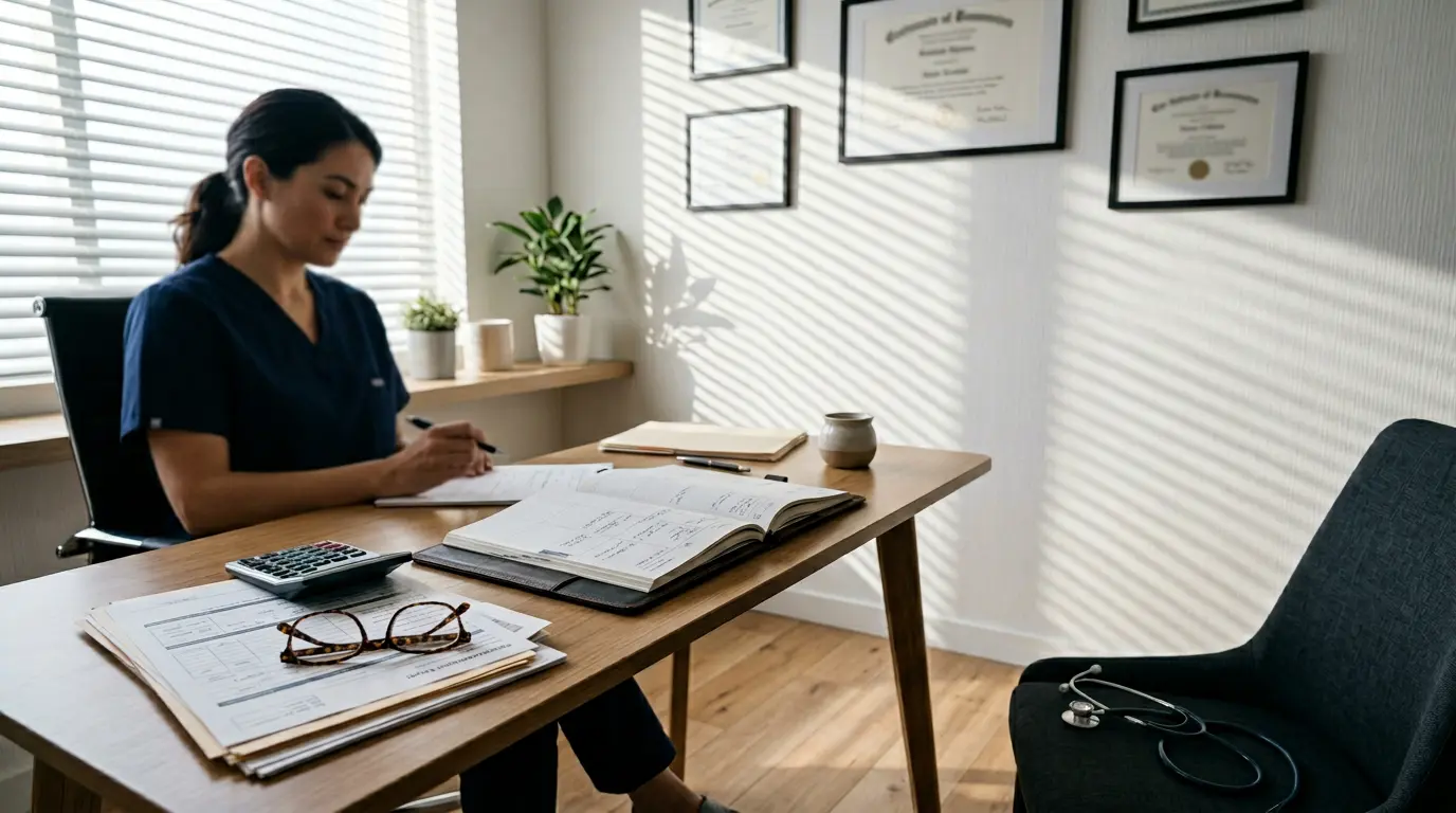 Vue atmosphérique d'un cabinet médical moderne avec bureau médecin et documents de remboursement