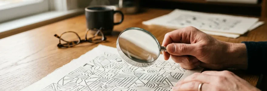 Personne analysant un contrat d'assurance santé avec une loupe sur un bureau professionnel