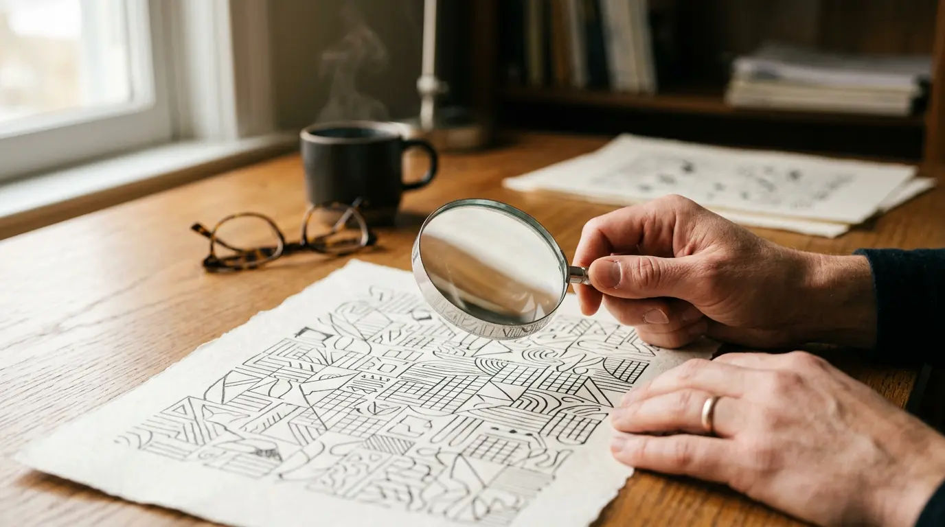 Personne analysant un contrat d'assurance santé avec une loupe sur un bureau professionnel