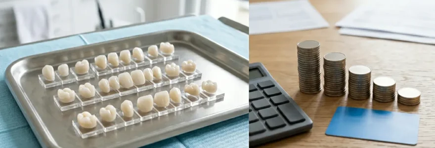 Comparaison visuelle entre différents matériaux de couronnes dentaires et calculatrice médicale