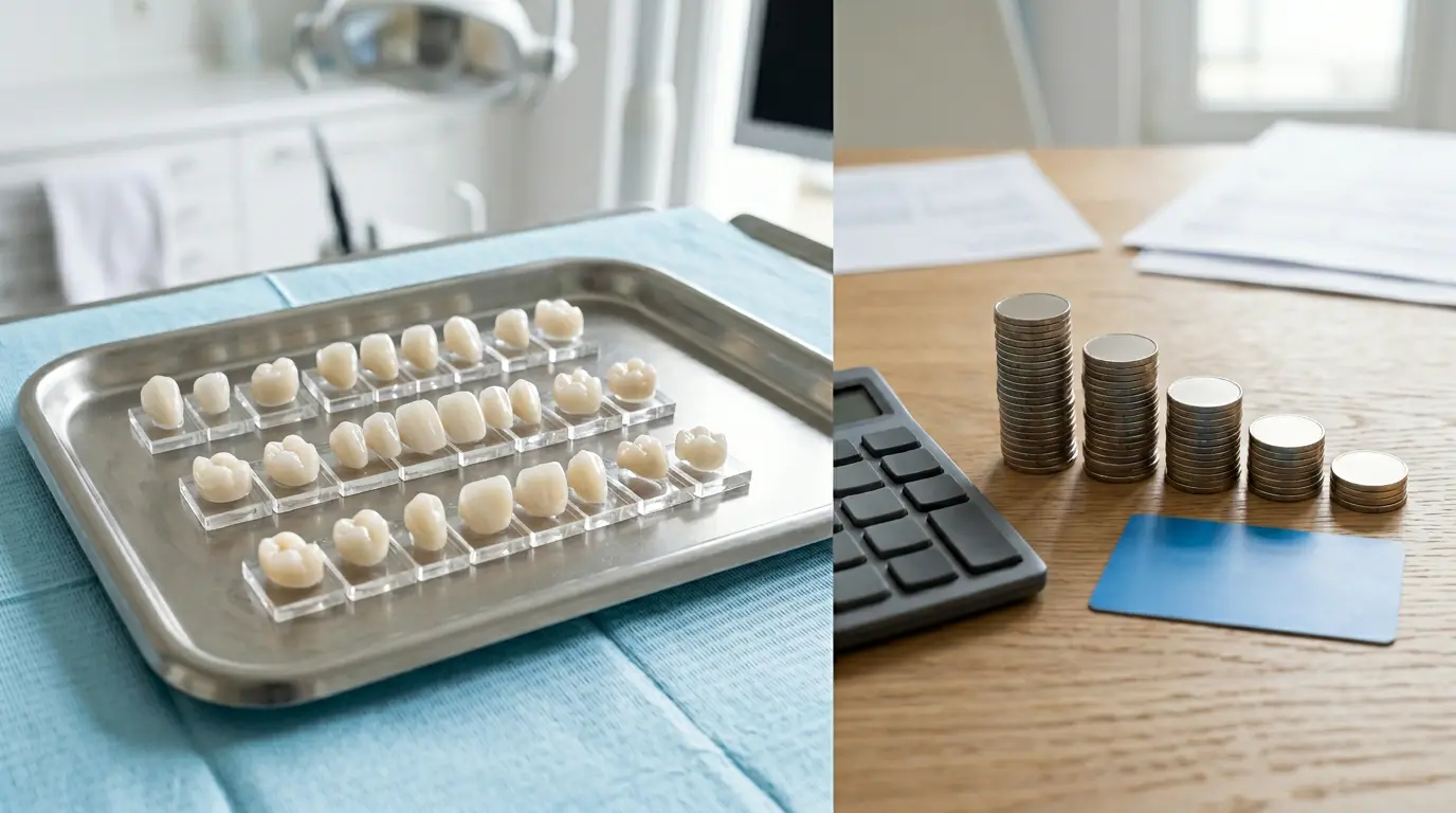 Comparaison visuelle entre différents matériaux de couronnes dentaires et calculatrice médicale