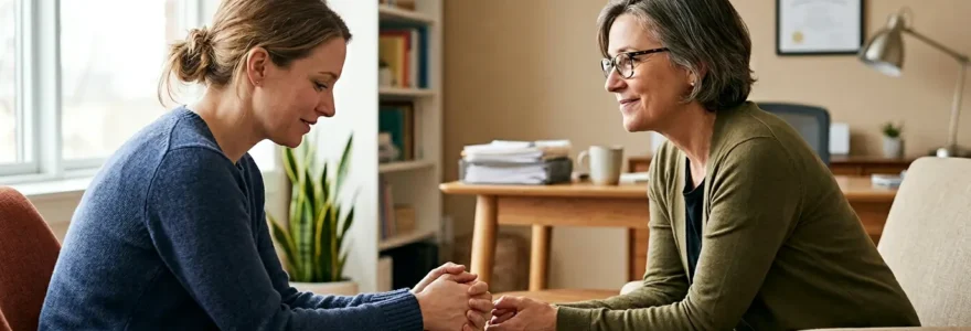 Patient et psychologue en consultation dans un cabinet chaleureux avec dossier médical