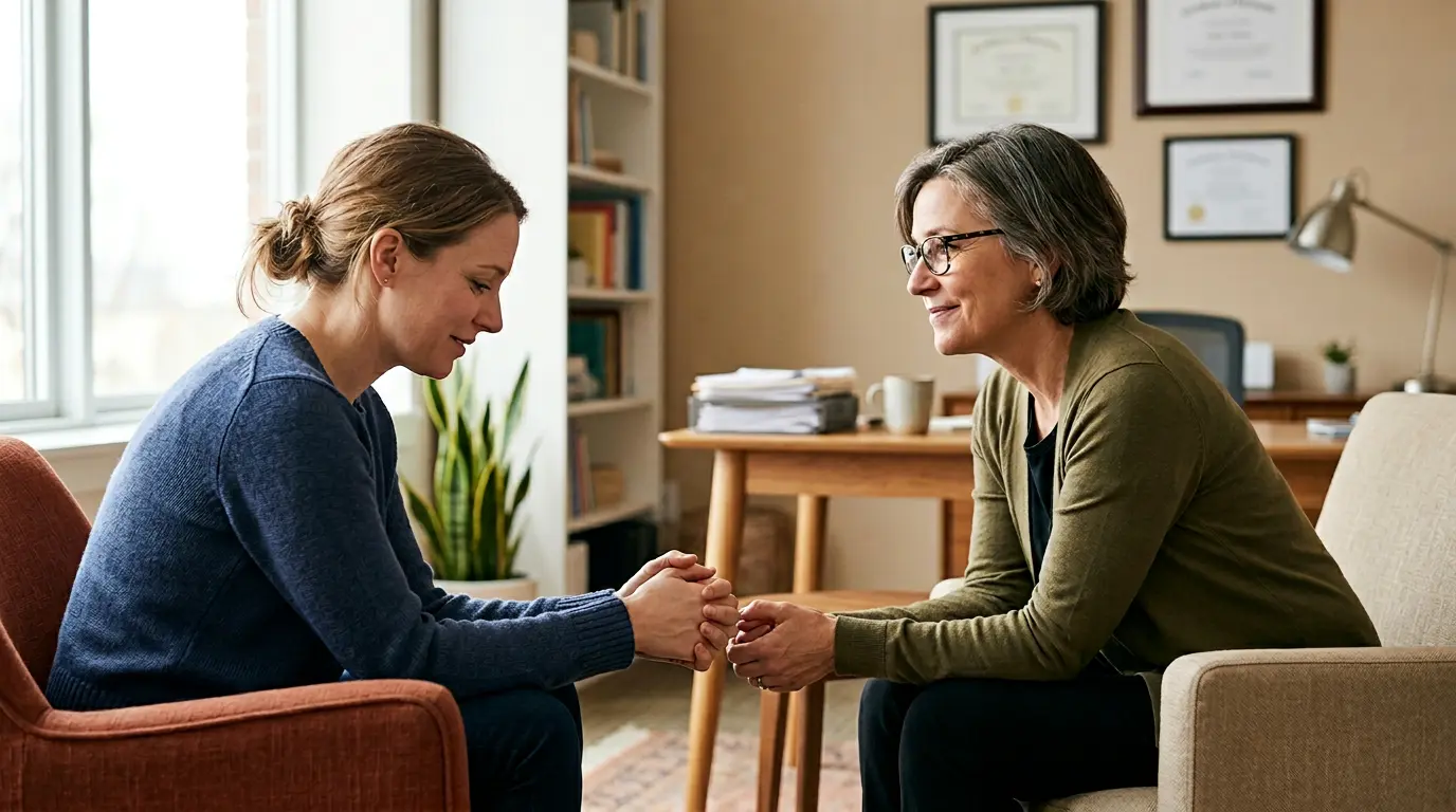 Patient et psychologue en consultation dans un cabinet chaleureux avec dossier médical