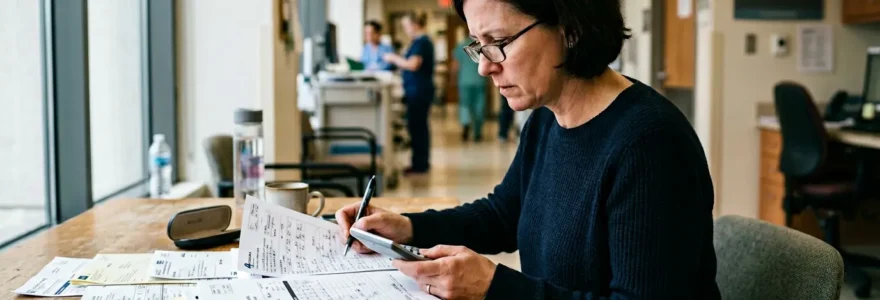 Personne analysant attentivement des documents hospitaliers avec calculatrice et stylo dans un environnement médical