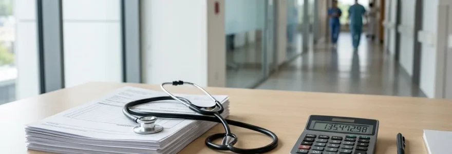 Vue d'ensemble de documents de facturation hospitalière avec calculatrice sur bureau médical