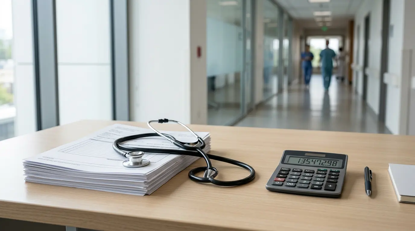 Vue d'ensemble de documents de facturation hospitalière avec calculatrice sur bureau médical