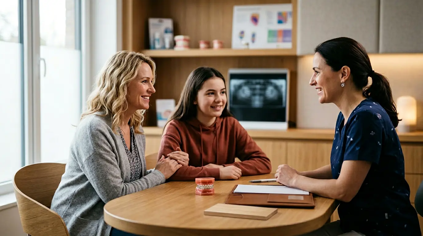 Une famille en consultation chez l'orthodontiste discutant du traitement et des options de financement