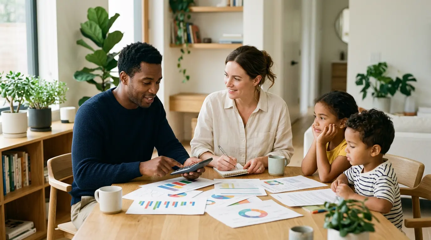 Famille réunie autour d'une table analysant des documents de santé avec calculatrice