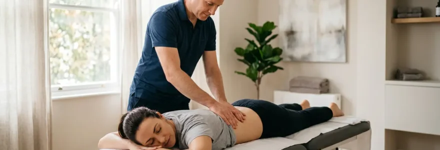 Personne recevant des soins d'ostéopathie dans un cabinet lumineux et moderne