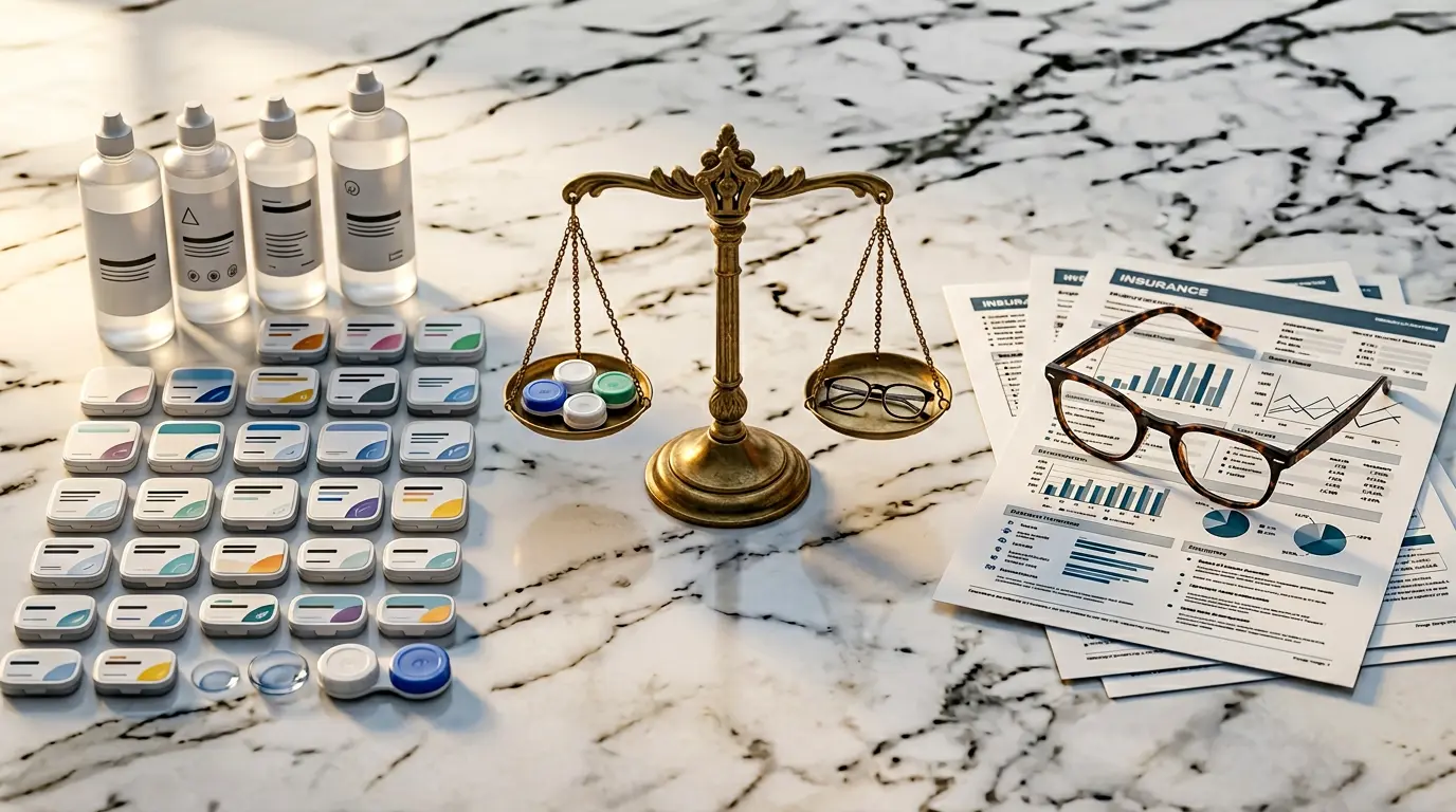 Comparaison visuelle entre forfait lentilles et lunettes avec calculatrice et contrat mutuelle