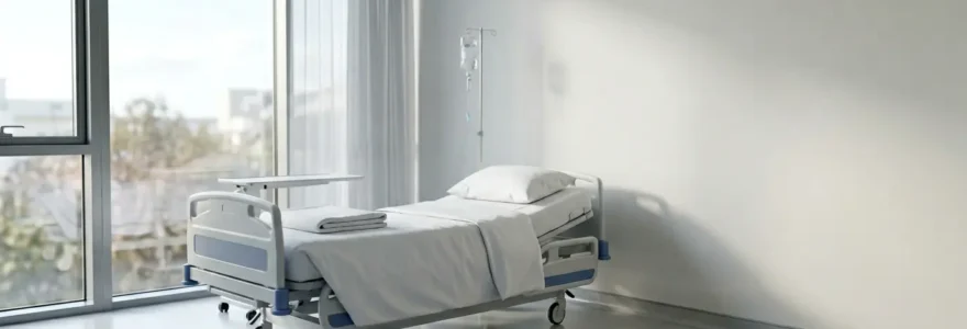 Chambre d'hôpital moderne avec lit médical et équipements hospitaliers, ambiance sereine
