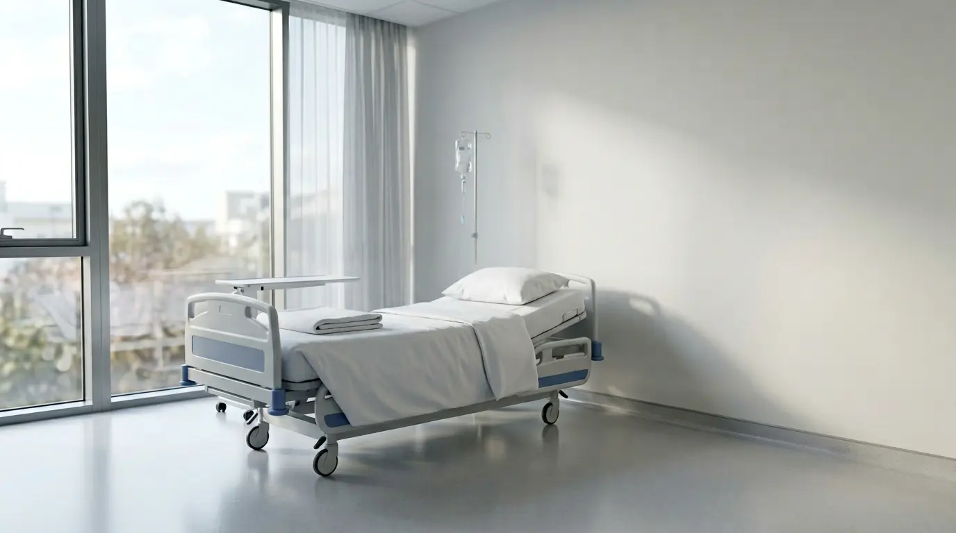 Chambre d'hôpital moderne avec lit médical et équipements hospitaliers, ambiance sereine
