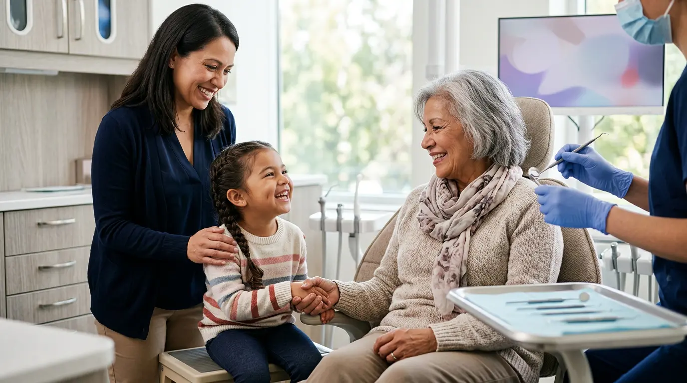 Famille souriante lors d'un contrôle dentaire préventif