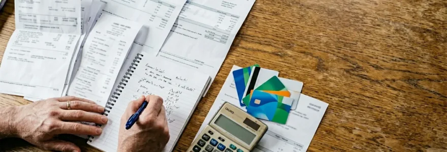 Personne consultant des documents financiers et médicaux avec calculatrice et carte vitale sur table
