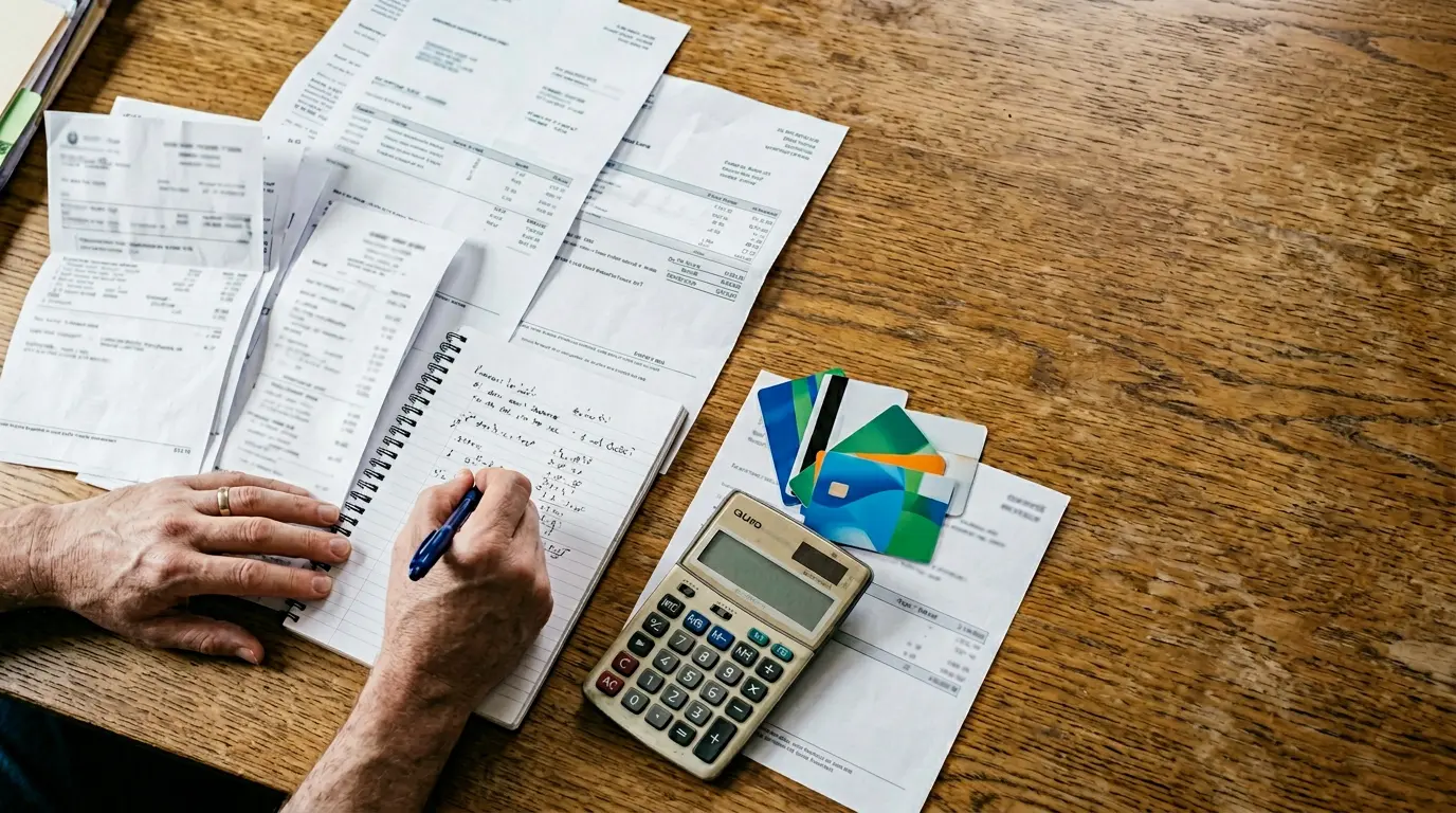 Personne consultant des documents financiers et médicaux avec calculatrice et carte vitale sur table