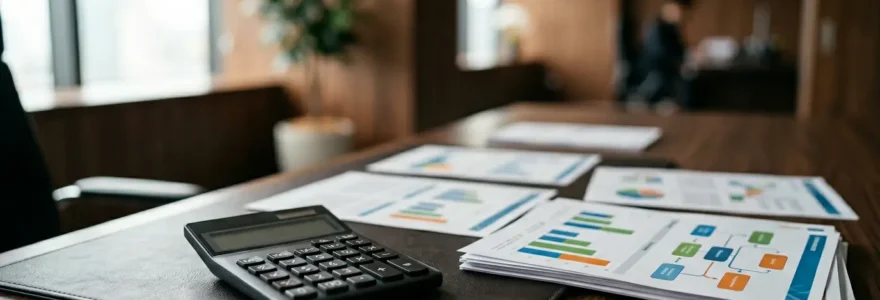 Bureau moderne avec calculatrice, documents d'assurance et graphiques de remboursement