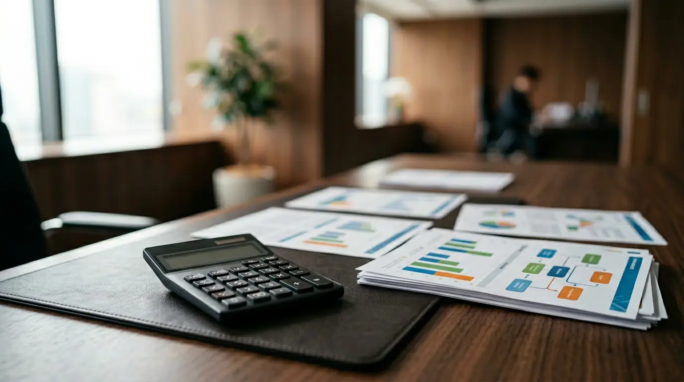 Bureau moderne avec calculatrice, documents d'assurance et graphiques de remboursement