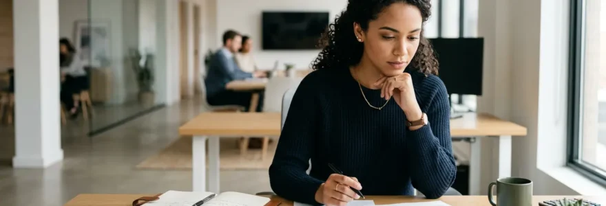 Jeune professionnel examinant attentivement des documents de santé dans un environnement de travail lumineux