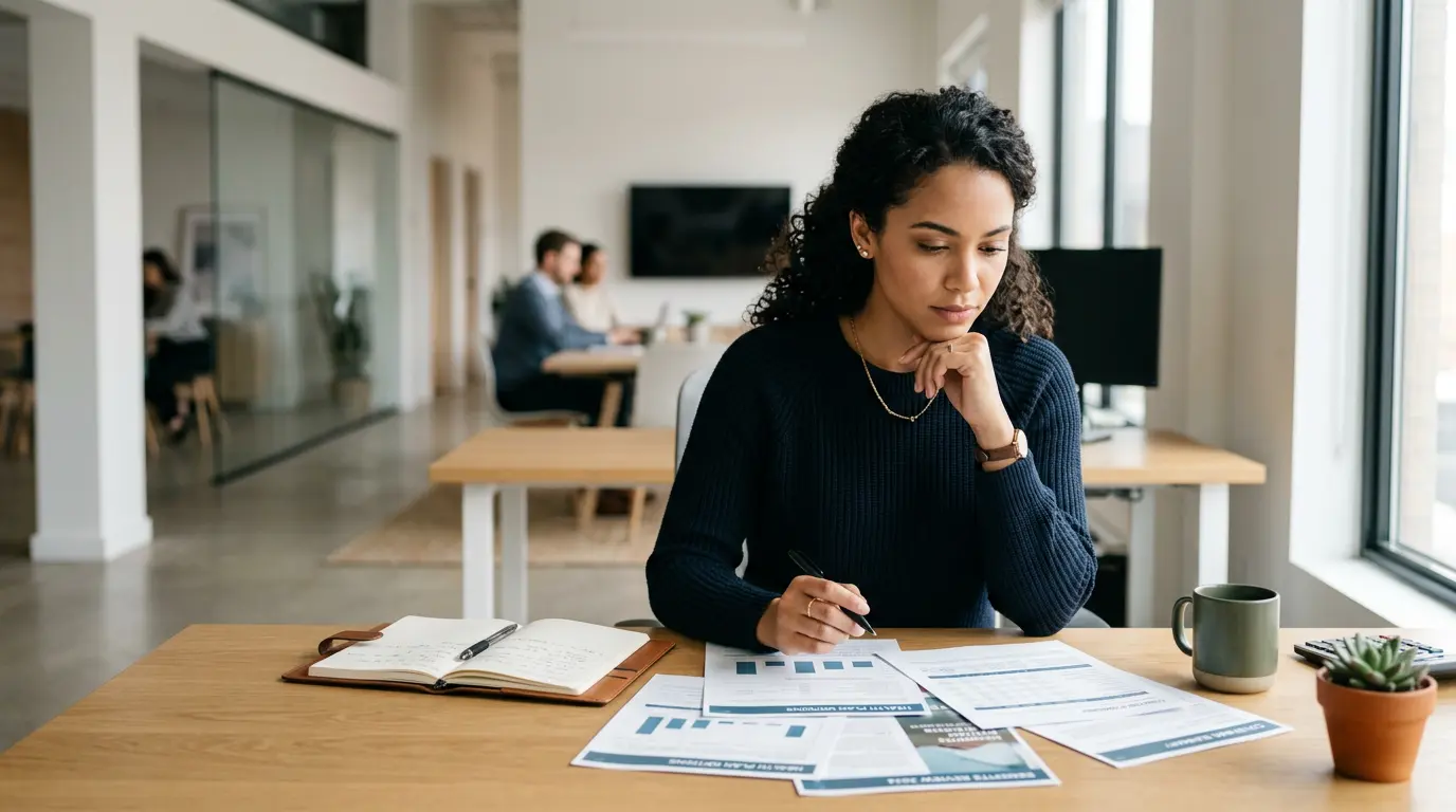 Jeune professionnel examinant attentivement des documents de santé dans un environnement de travail lumineux