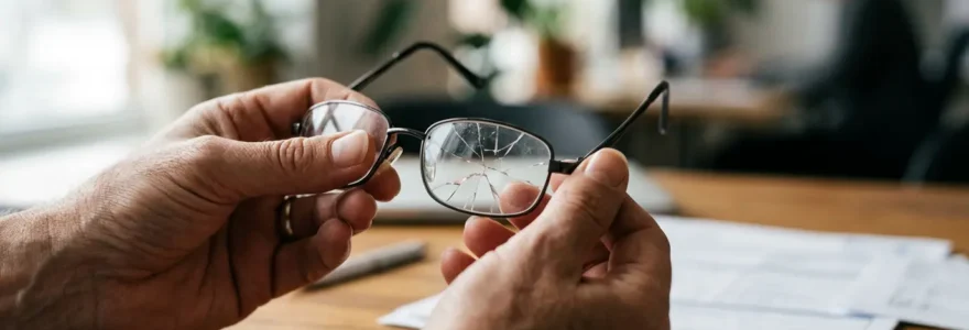 Personne tenant délicatement des lunettes brisées devant un bureau avec des documents d'assurance