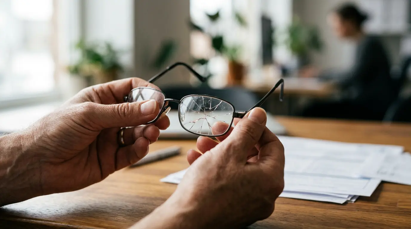 Personne tenant délicatement des lunettes brisées devant un bureau avec des documents d'assurance