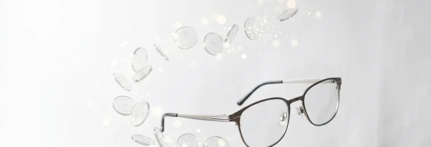 Concept visuel représentant des lunettes élégantes avec pièces d'euros en transparence symbolisant économie et remboursement total