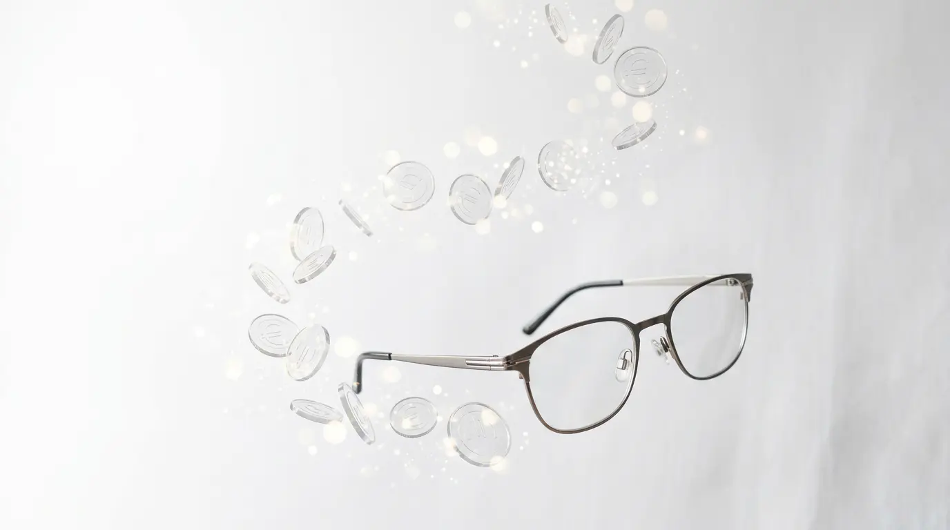 Concept visuel représentant des lunettes élégantes avec pièces d'euros en transparence symbolisant économie et remboursement total
