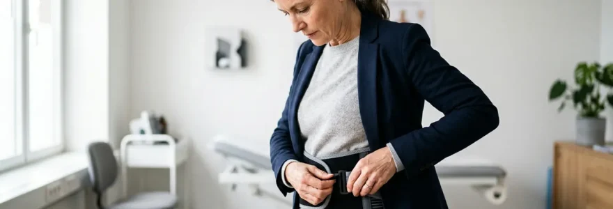 Personne en chemise professionnelle ajustant une ceinture lombaire moderne dans un environnement médical épuré