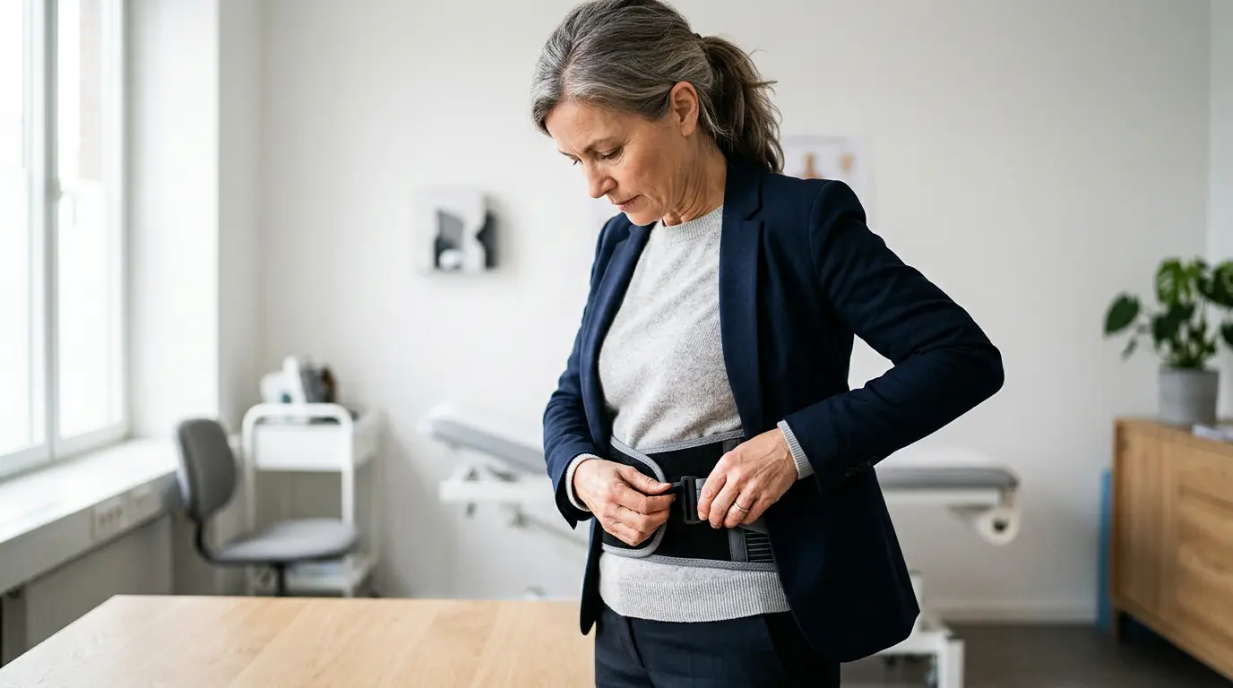 Personne en chemise professionnelle ajustant une ceinture lombaire moderne dans un environnement médical épuré