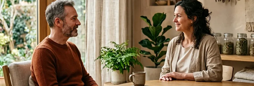 Un patient en consultation avec un thérapeute alternatif dans un cabinet lumineux et apaisant