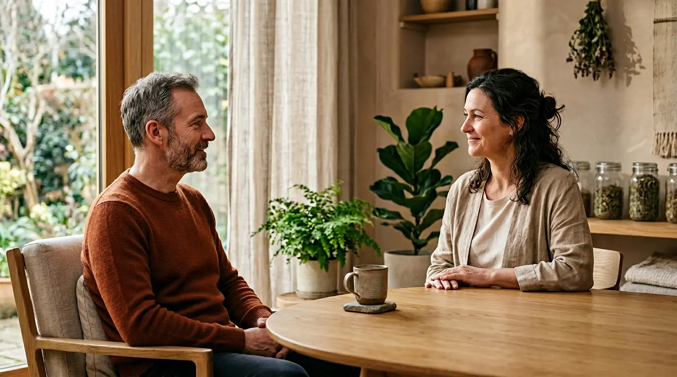 Un patient en consultation avec un thérapeute alternatif dans un cabinet lumineux et apaisant
