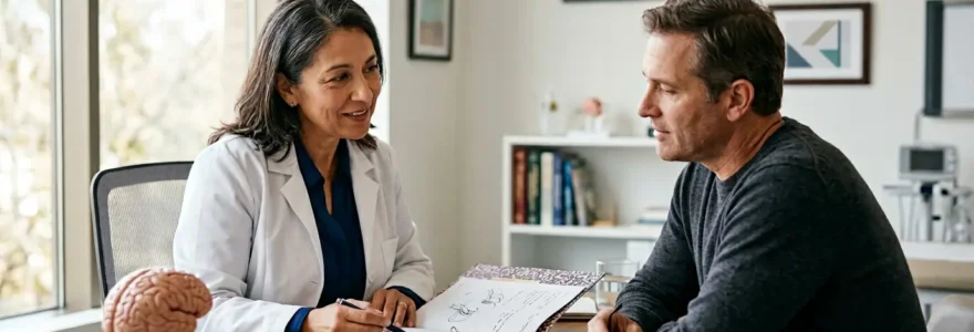 Patient en consultation avec neurologue discutant des options de remboursement pour traitement de migraine