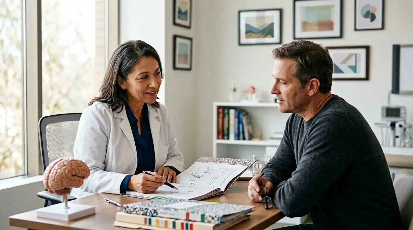 Patient en consultation avec neurologue discutant des options de remboursement pour traitement de migraine