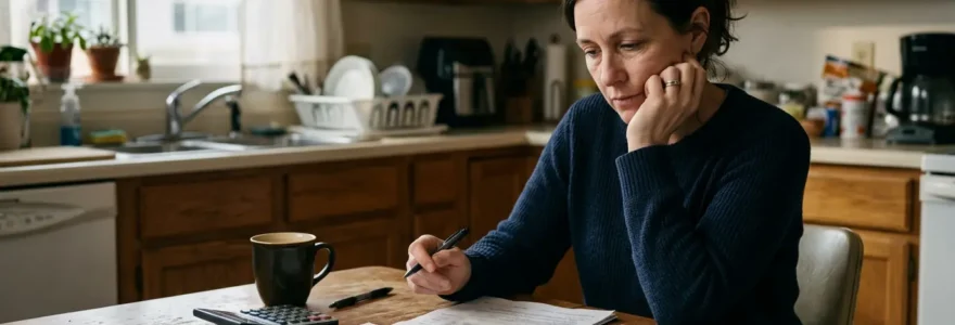 Travailleur dans un environnement lumineux consultant des documents de santé sur une table avec une calculatrice