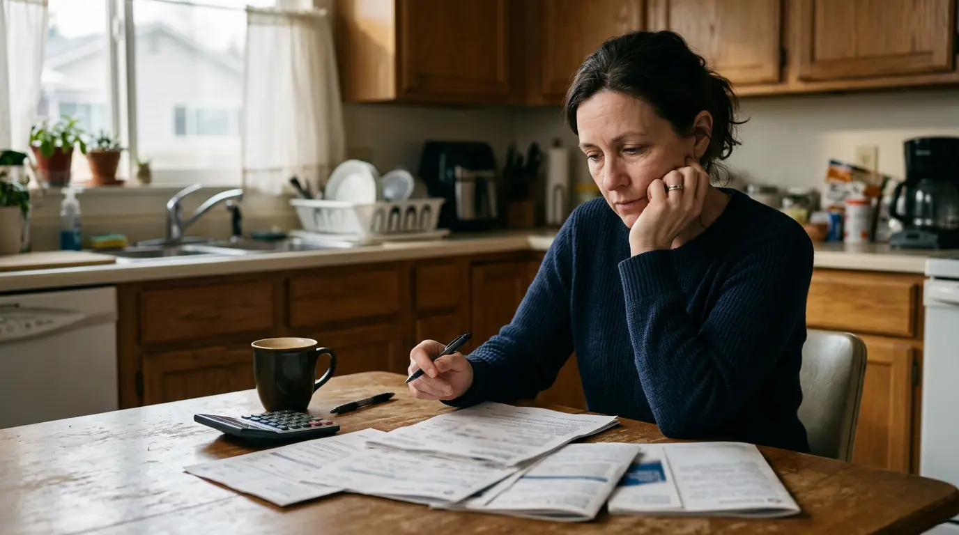 Travailleur dans un environnement lumineux consultant des documents de santé sur une table avec une calculatrice