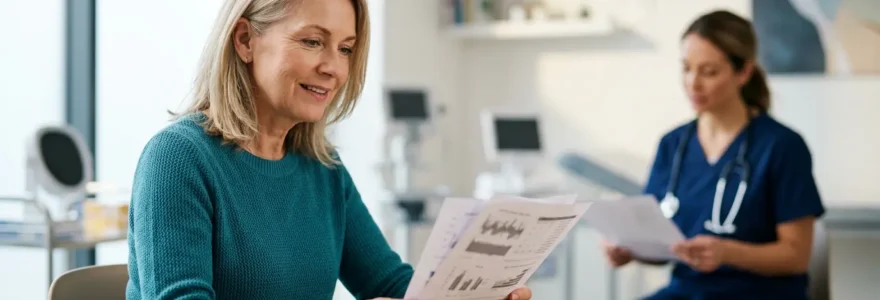 Patient consultant un document avec un professionnel de santé dans un cabinet moderne