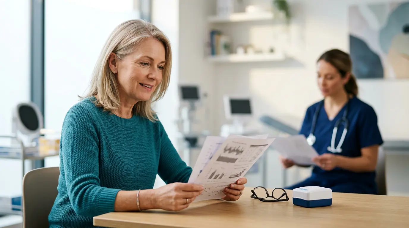 Patient consultant un document avec un professionnel de santé dans un cabinet moderne