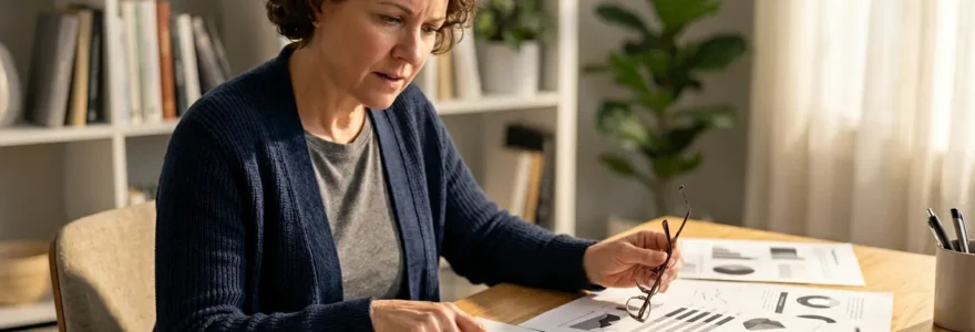 Personne analysant des documents de remboursement Sécurité sociale avec calculatrice