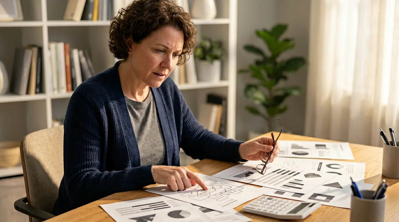 Personne analysant des documents de remboursement Sécurité sociale avec calculatrice