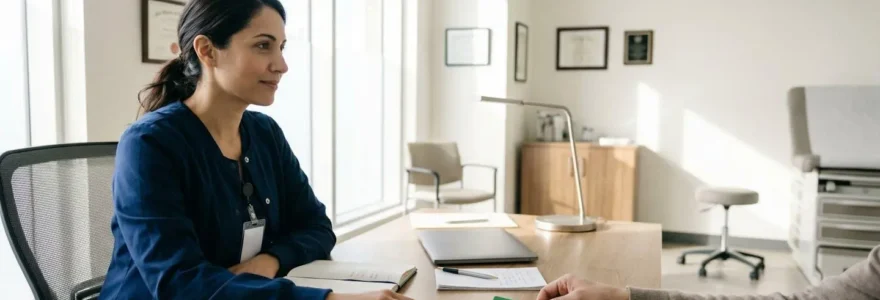 Consultation médicale avec présentation de carte vitale et documents de mutuelle pour illustrer les réseaux de soins